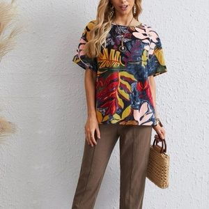 New EMERY ROSE Drop Shoulder Oversized Boho Tropical Print Short Sleeve Top